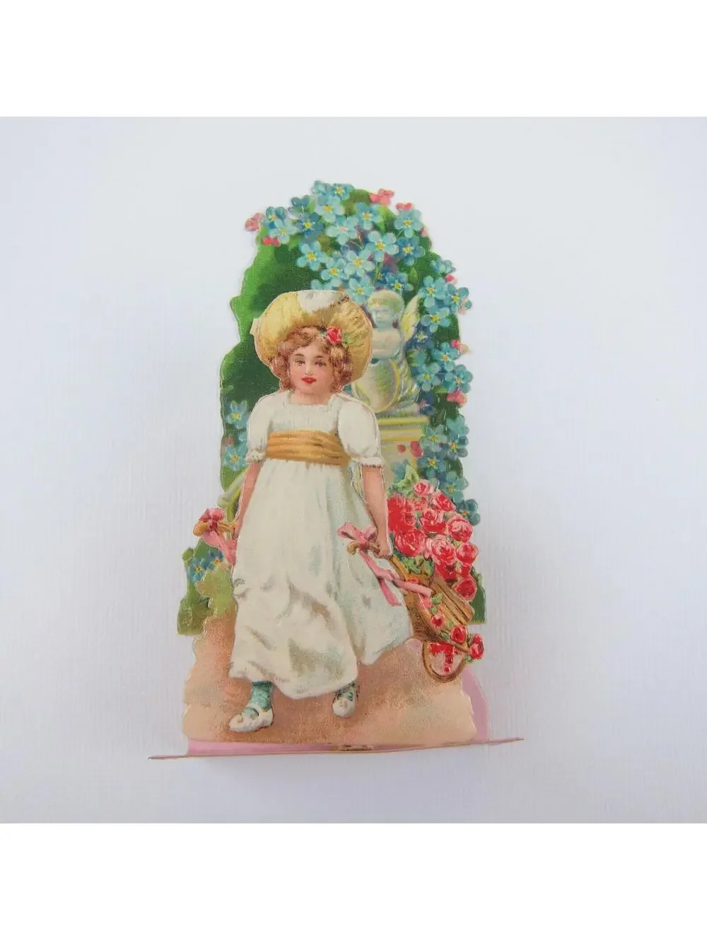 Vintage Valentine 3D Pop Up Die Cut Girl Hat Wheelbarrow Red Roses Blue Flowers